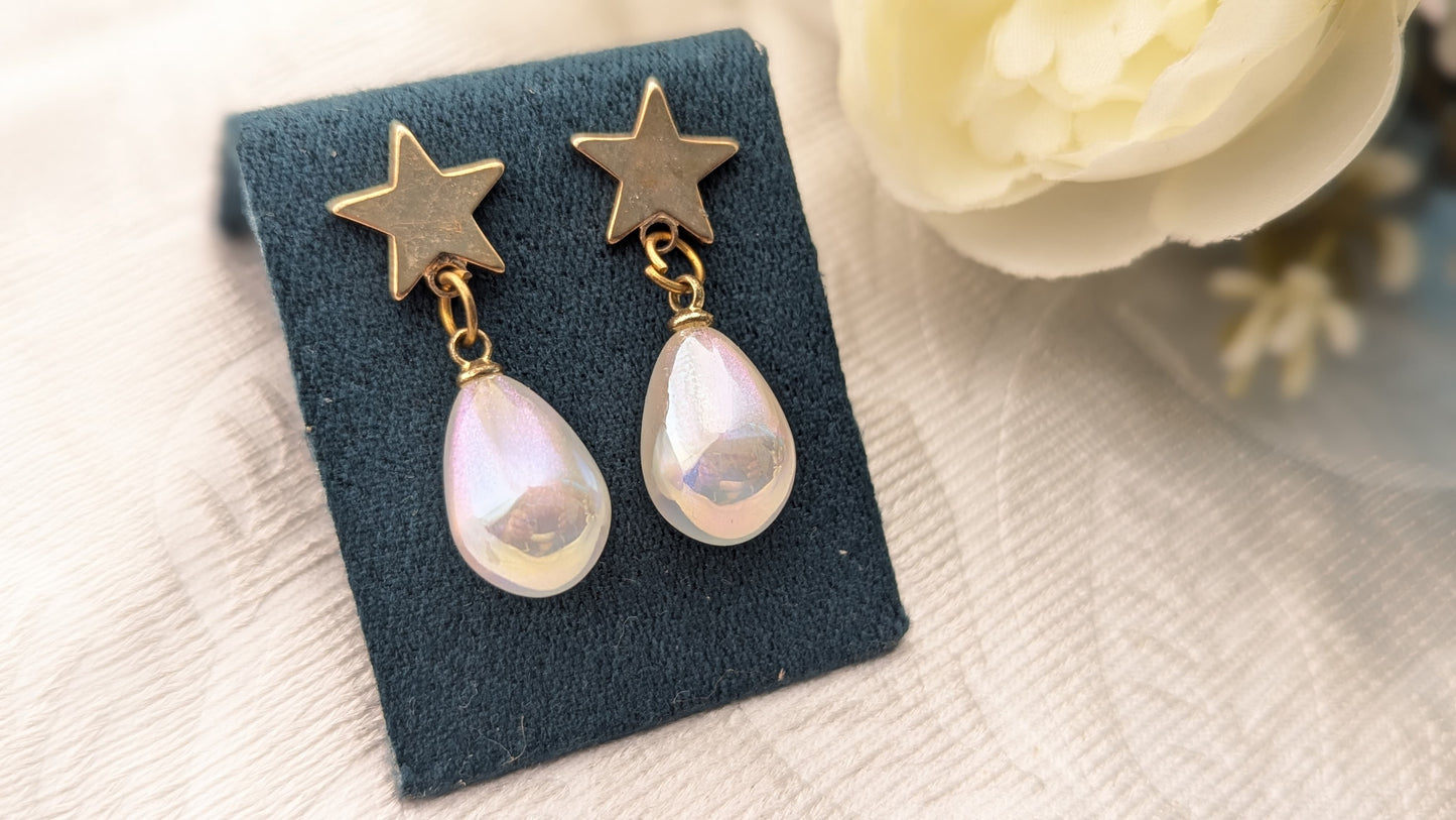 Golden Star White Pearl Drop Earrings