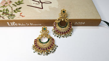 Sea Blue & Red Kundan Stone Traditional Chandbalis