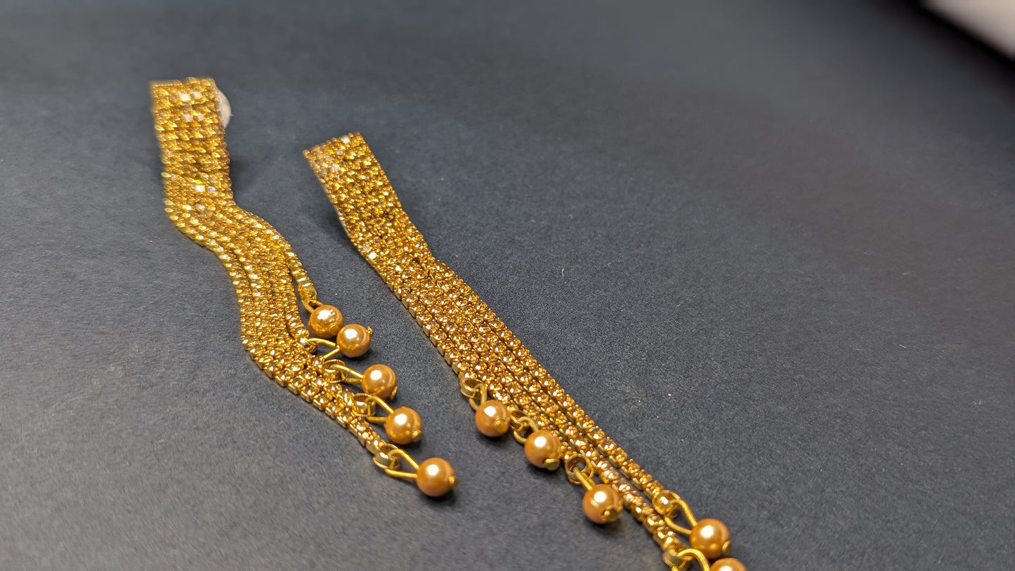 Golden Rhinestones & Pearl Drop Long Earrings