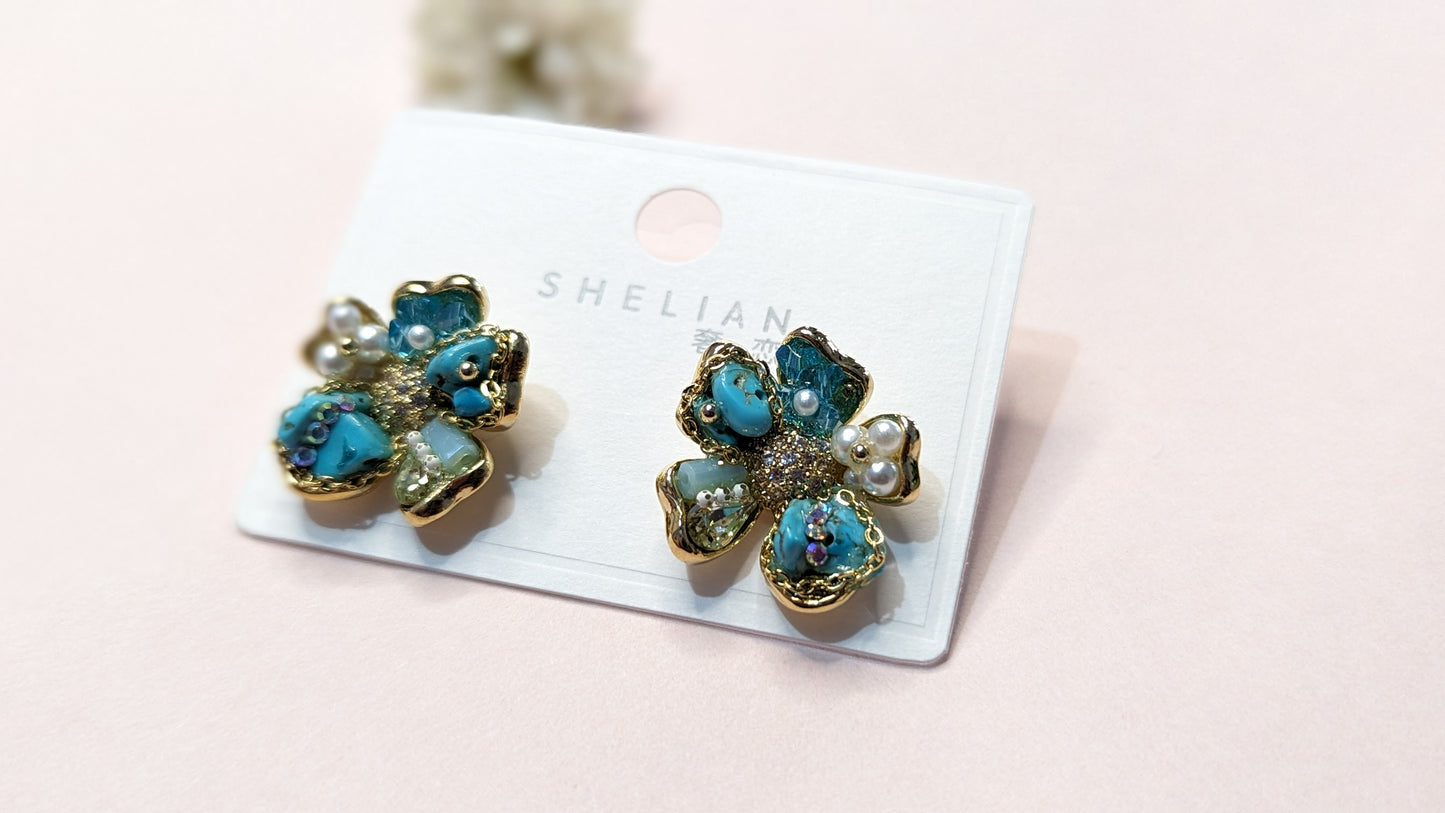 Flower Shape Gold Plated Anti Tarnish Pearl Studded Blue Stud Earring