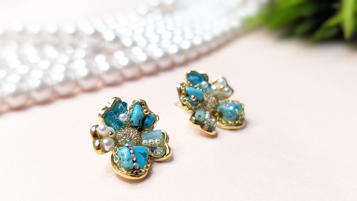 Flower Shape Gold Plated Anti Tarnish Pearl Studded Blue Stud Earring