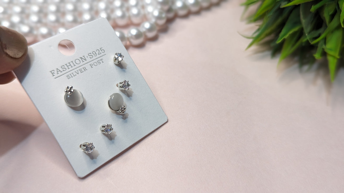 Set of 3 Silver 925 Gray Color Studs