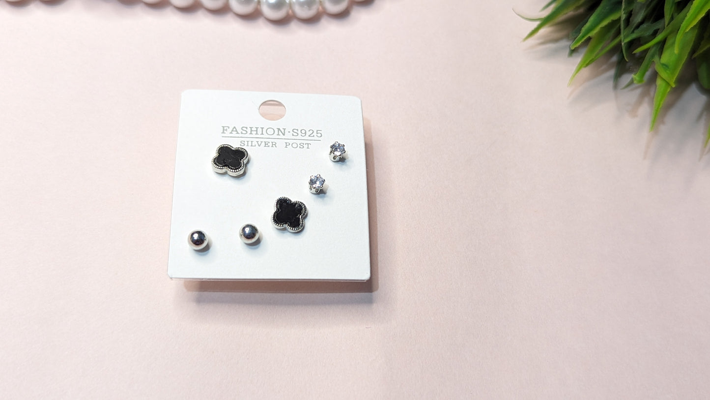 Set Of 3, Flower Shaped , Diamond and Silver S925 Studs