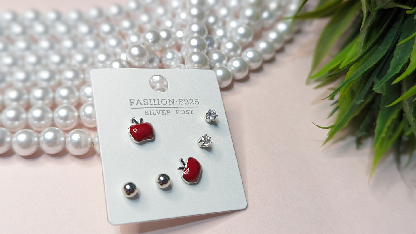 Set of 3, Apple, Diamond And Silver,  S925 Studs