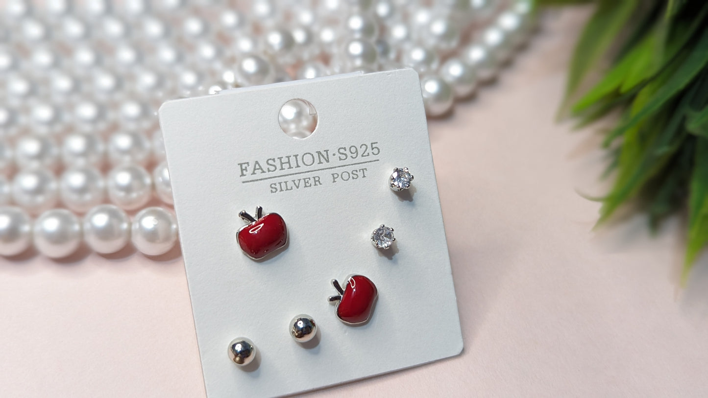 Set of 3, Apple, Diamond And Silver,  S925 Studs