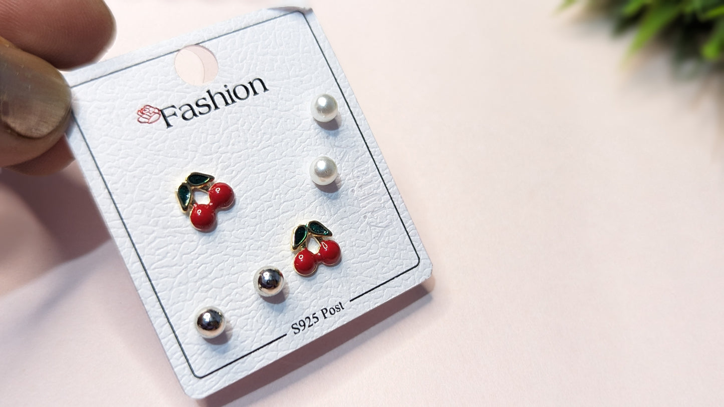 Set Of 3, Cherry, Pearl and Silver S925 Studs