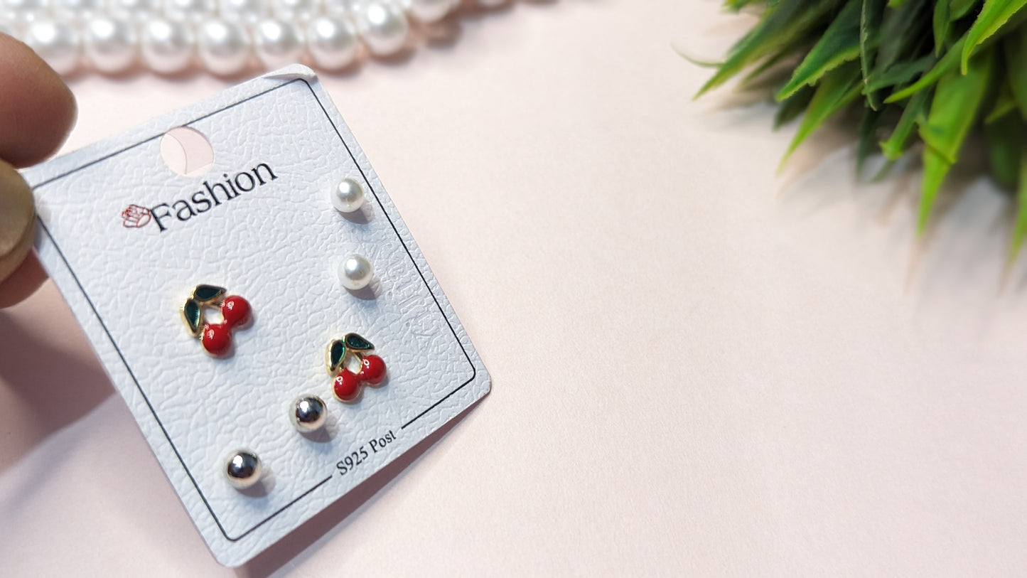 Set Of 3, Cherry, Pearl and Silver S925 Studs