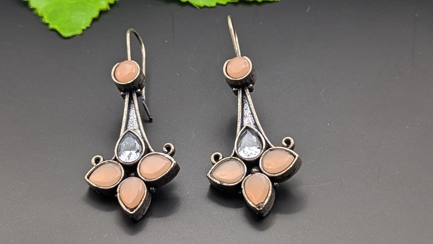 Silver Oxidized Peach Stones Long Hook Earrings