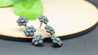 Silver Oxidized Triple Flower Blue Stone Studded Long Earrings