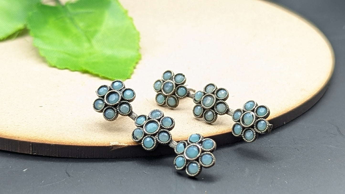 Silver Oxidized Triple Flower Blue Stone Studded Long Earrings