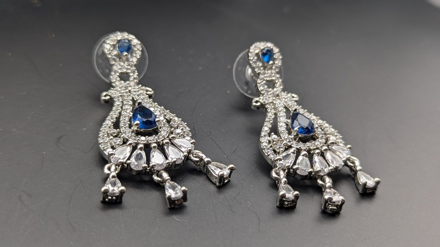 Navy Blue CZ Stone Studded Contemporary Drop Earrings