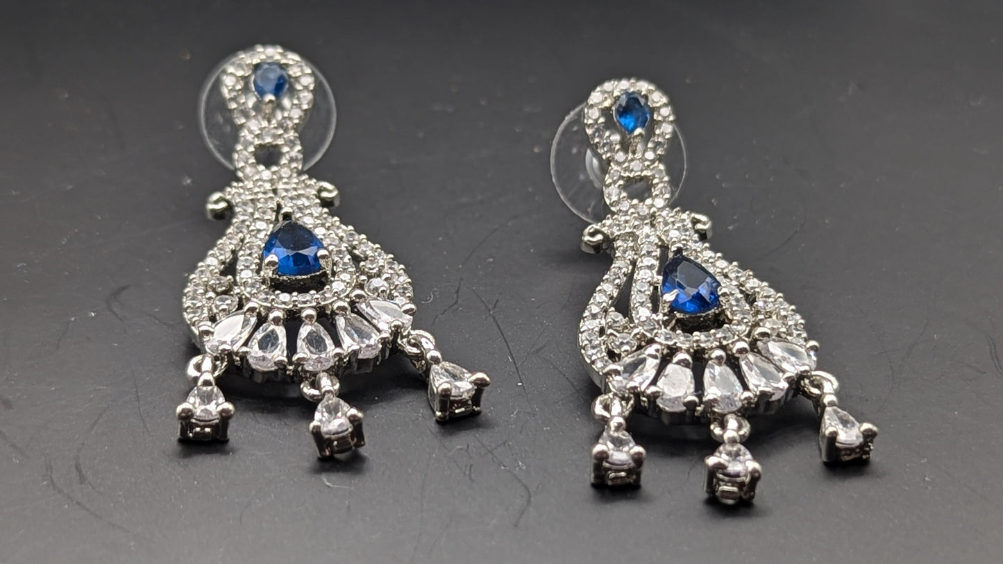 Navy Blue CZ Stone Studded Contemporary Drop Earrings