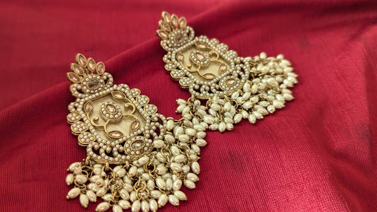 Traditional Beige Diamond and Pearl Studded Drop Jhumka Earrings