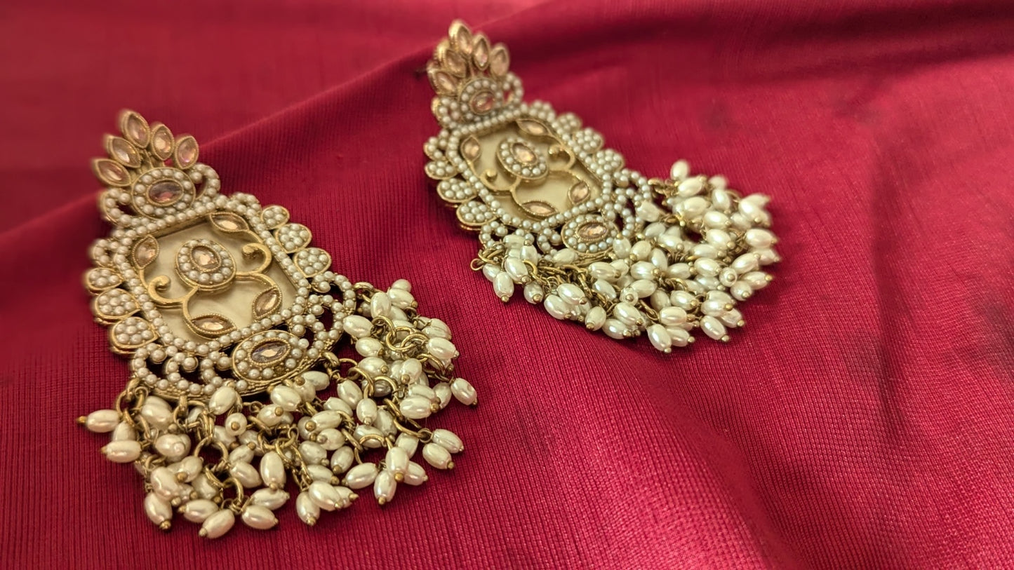 Traditional Beige Diamond and Pearl Studded Drop Jhumka Earrings