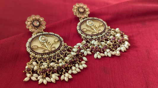 Flower Shape, Maroon & White Pearls & Stone Studded Jhumka Earrings