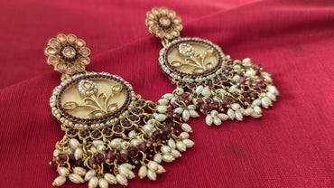 Flower Shape, Maroon & White Pearls & Stone Studded Jhumka Earrings