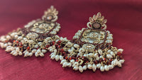 Traditional Maroon & White Pearls & Stone Jhumka Earrings