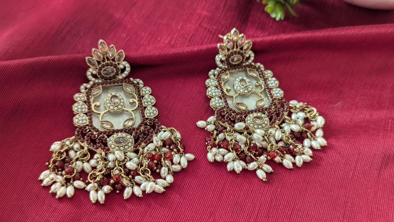 Traditional Maroon & White Pearls & Stone Jhumka Earrings