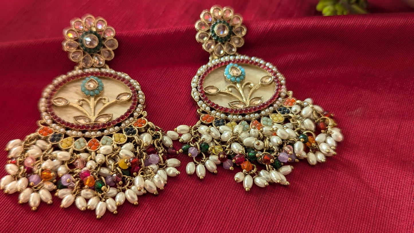 Flower Shape Multicolor Beads, Pearls & Stones Studded Traditional Earrings