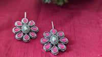 Pink Oxidized Flower Shape Fish Hook Earring