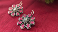 Pink Oxidized Flower Shape Fish Hook Earring