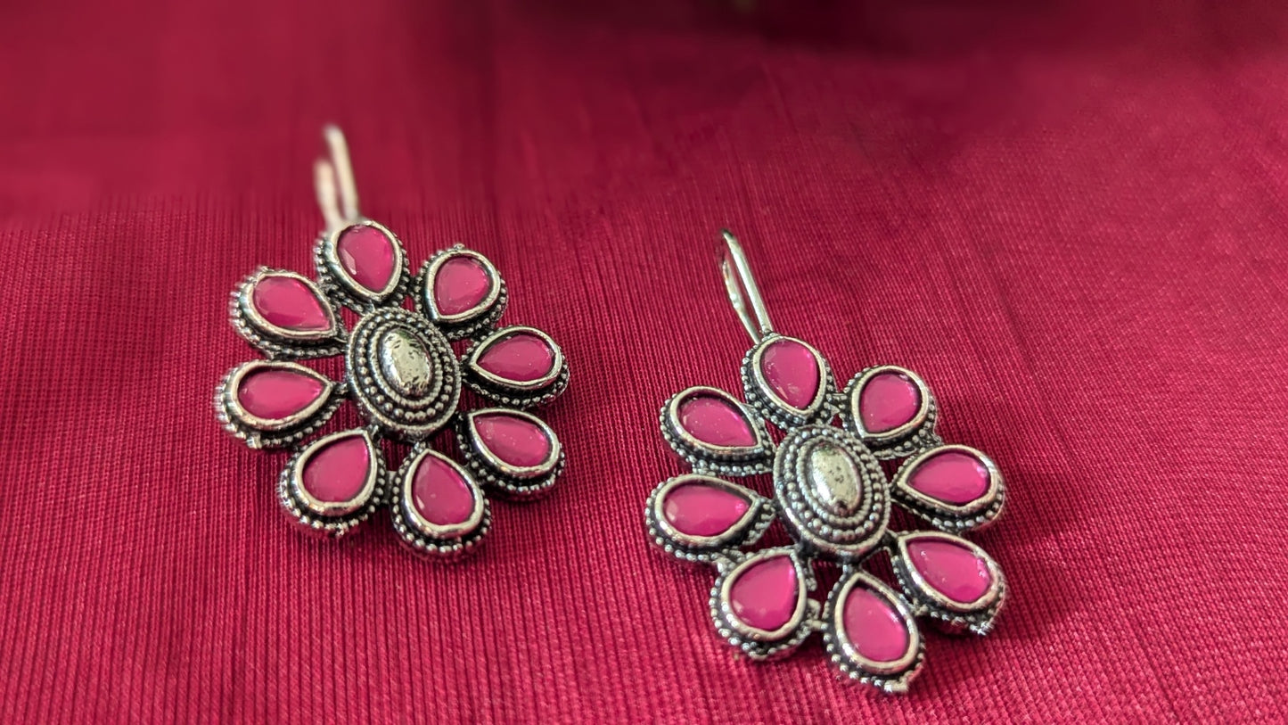 Pink Oxidized Flower Shape Fish Hook Earring