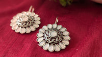 Silver Oxidized Pink Flower Hook Earrings