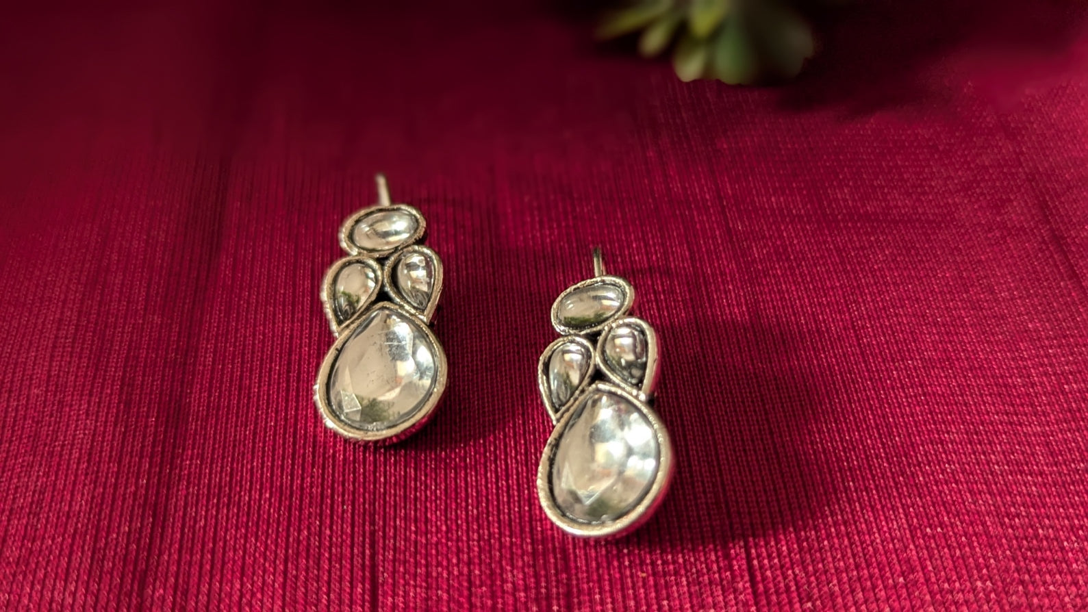 White Stone Silver Oxidizer Rajasthani Fish Hook Stud Earring