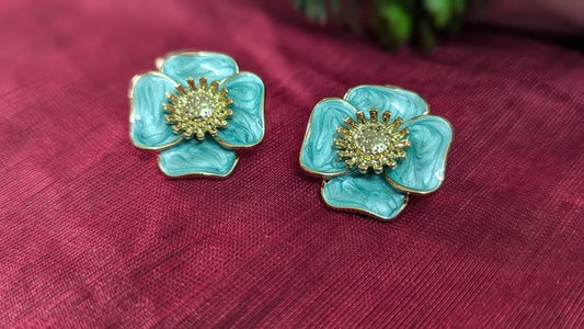 Blue Flower Anti Tarnish Gold Plated Stud Earrings