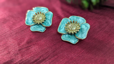 Blue Flower Anti Tarnish Gold Plated Stud Earrings