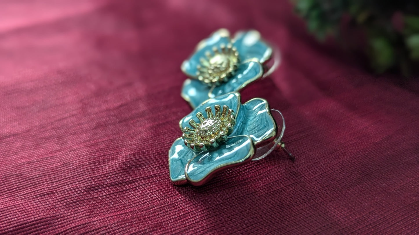 Blue Flower Anti Tarnish Gold Plated Stud Earrings