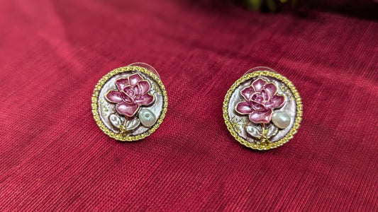 Light Purple Rose and Pearl Enamel Stud Earring