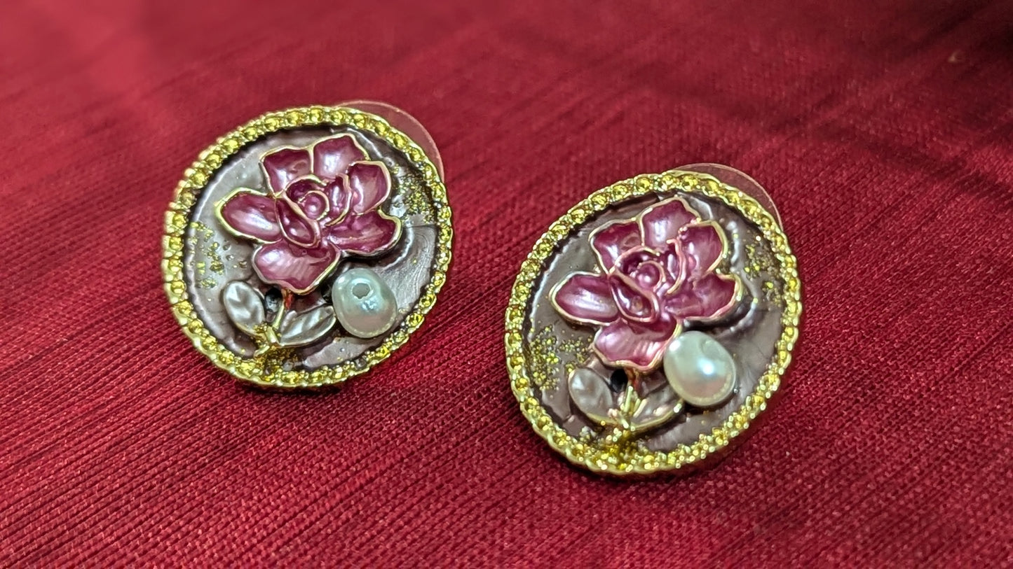 Light Purple Rose and Pearl Enamel Stud Earring