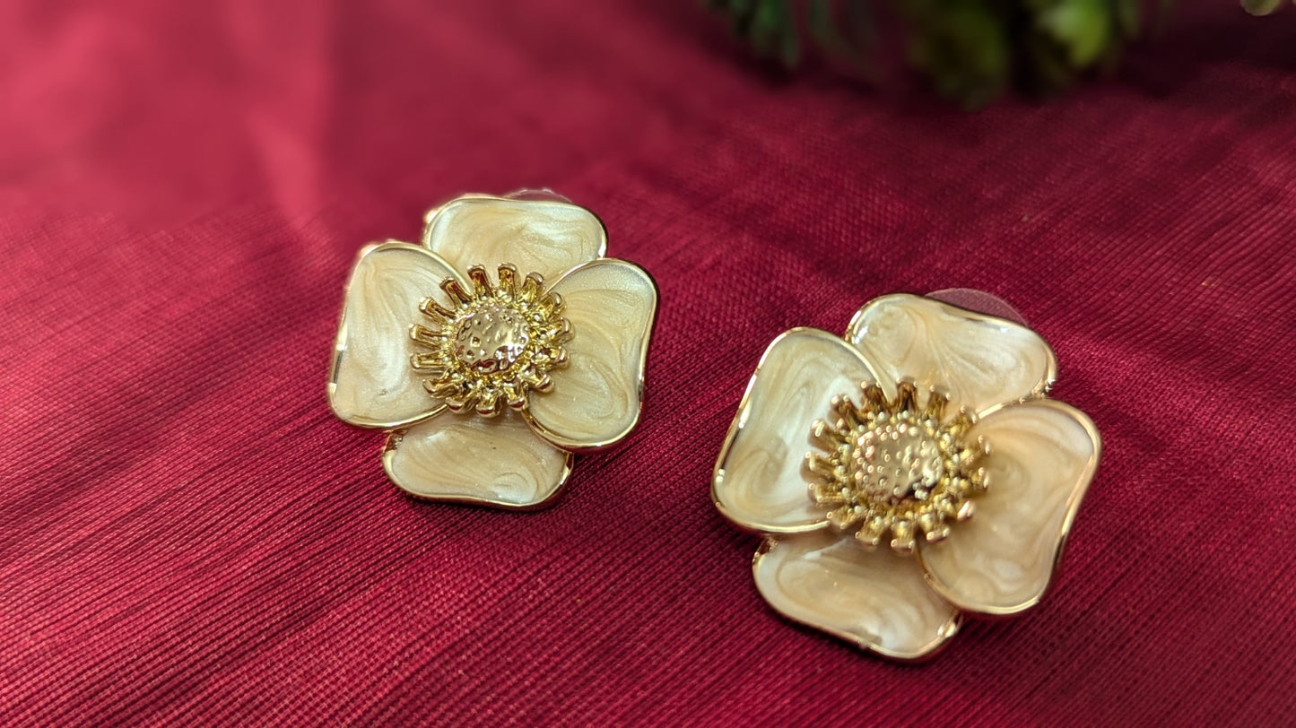 Flower Shape Gold Plated Beige Color Stud Earrings