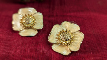 Flower Shape Gold Plated Beige Color Stud Earrings