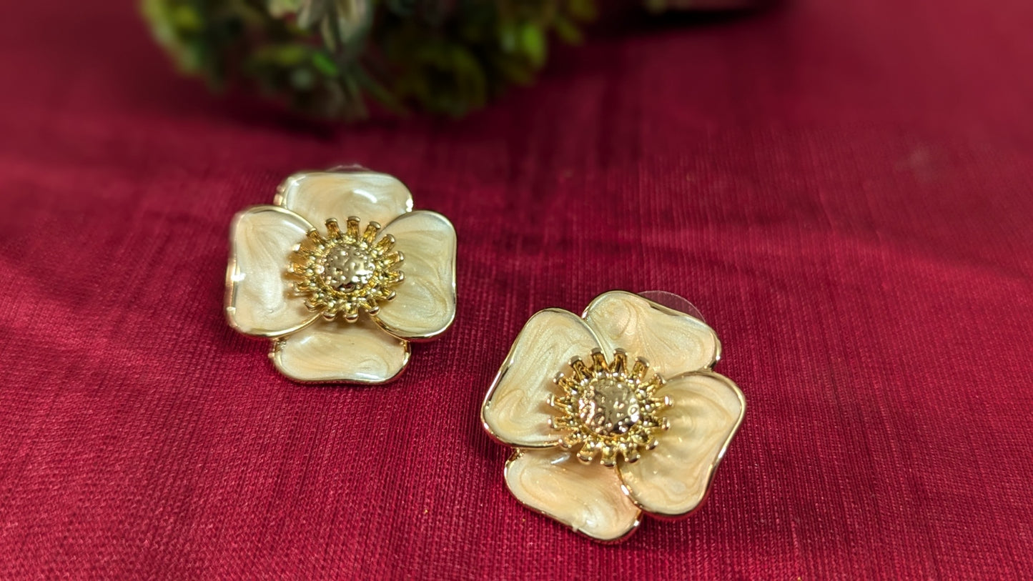 Flower Shape Gold Plated Beige Color Stud Earrings