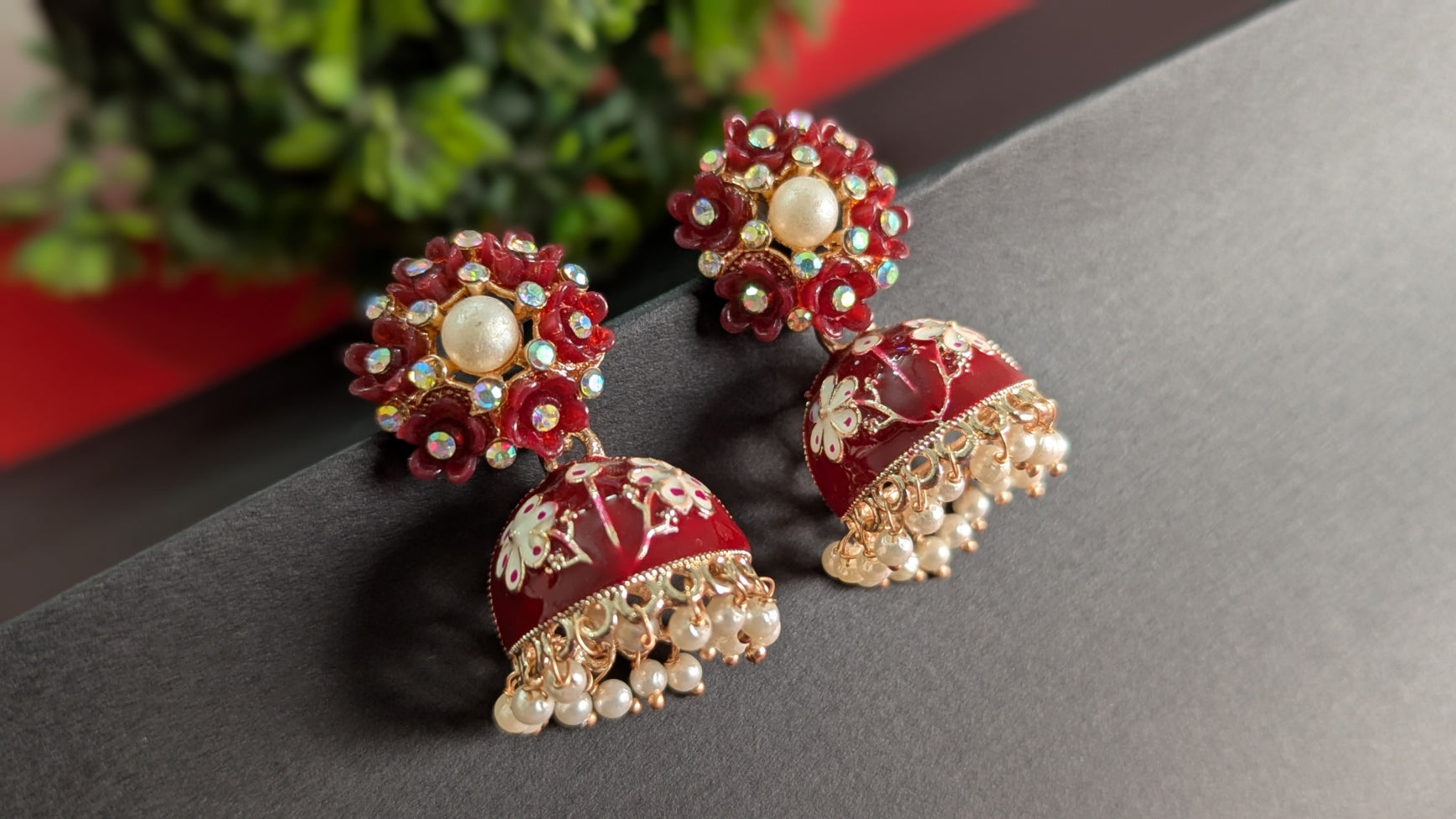 Traditional Meenakaari Maroon Jhumkas