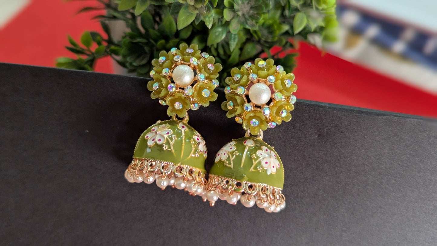 Gold Toned Light Green Meenakari Jhumkas