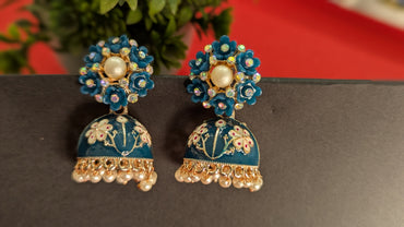 Gold Toned Blue Meenakari Jhumkas