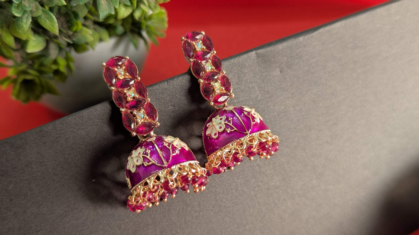 Gold Toned Pink Dome Shaped Meenakari Jhumki