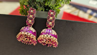 Gold Toned Pink Dome Shaped Meenakari Jhumki