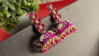 Gold Toned Pink Dome Shaped Meenakari Jhumki