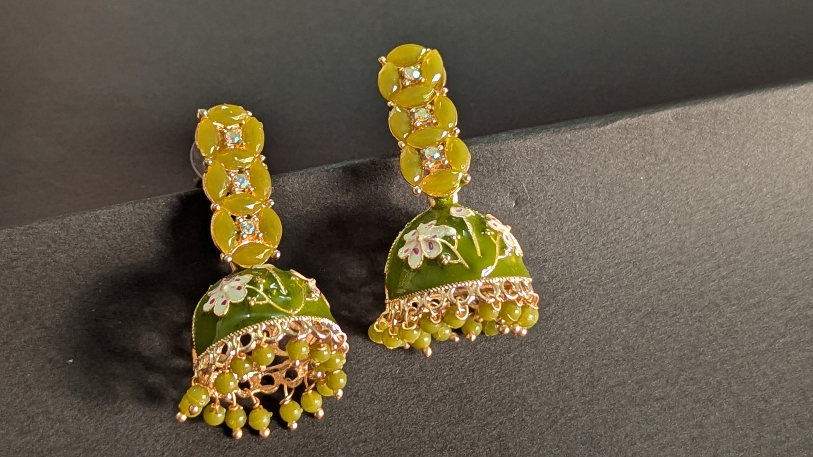 Light Green Dome Shaped Meenakari Jhumki