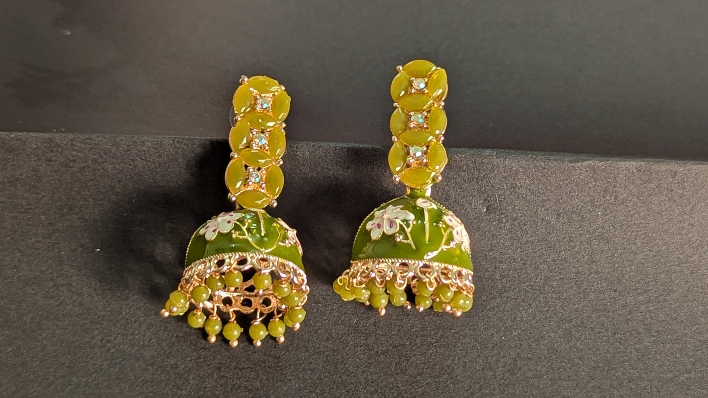 Light Green Dome Shaped Meenakari Jhumki