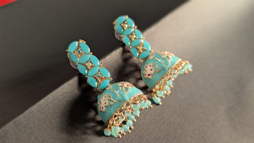 Light Blue Dome Shaped Traditional Meenakari Jhumkies