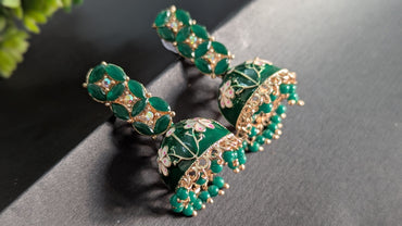 Forest Green Dome Shaped Meenakari Traditional Earrings