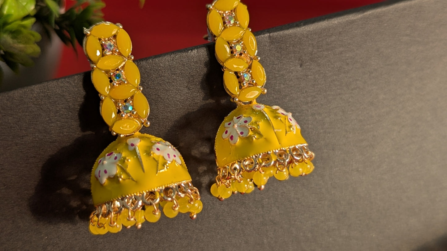 Yellow Dome Shaped Meenakari Traditional Earrings