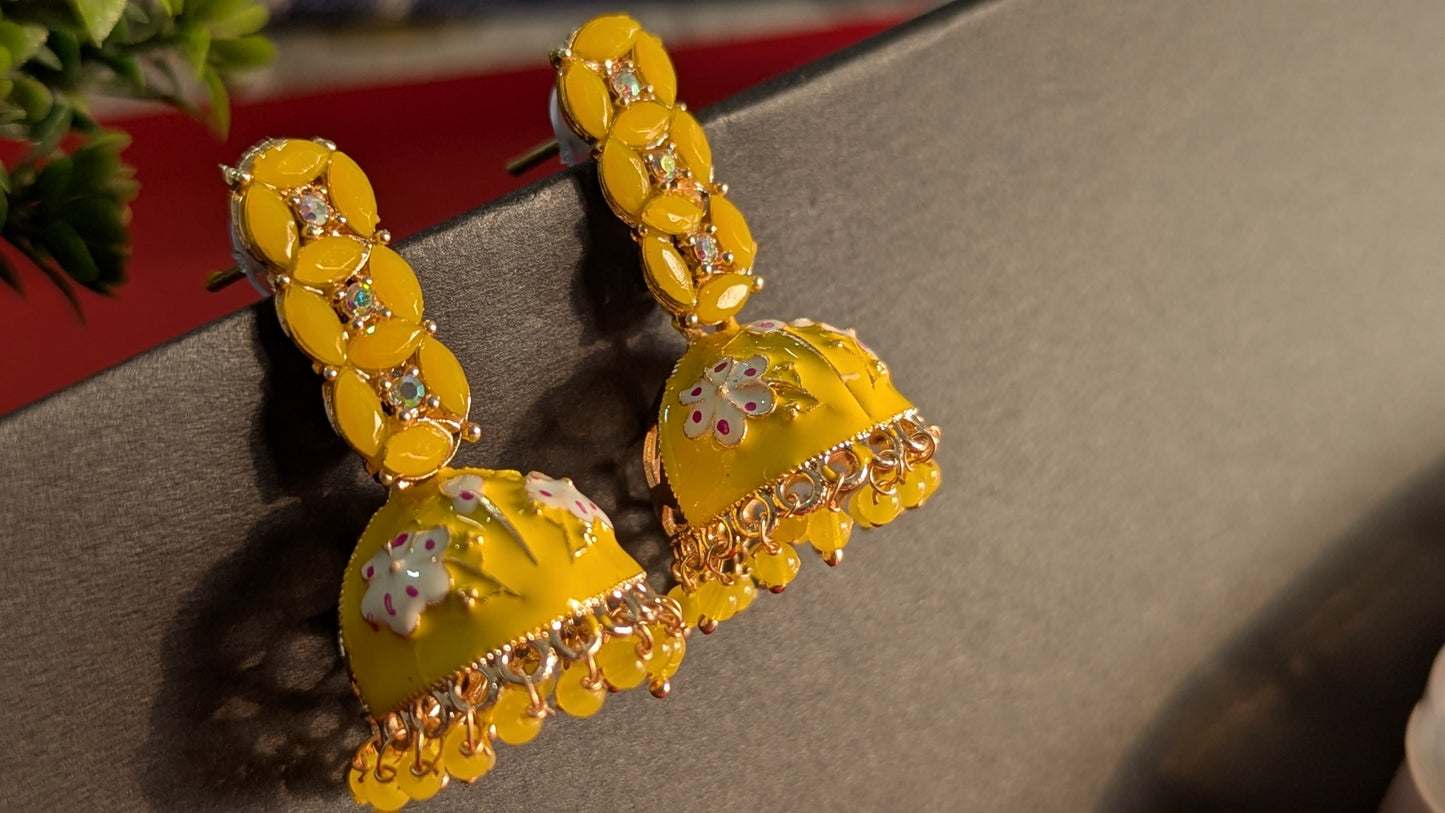 Yellow Dome Shaped Meenakari Traditional Earrings