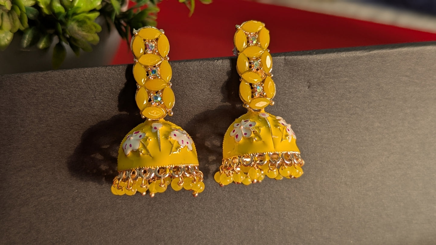 Yellow Dome Shaped Meenakari Traditional Earrings