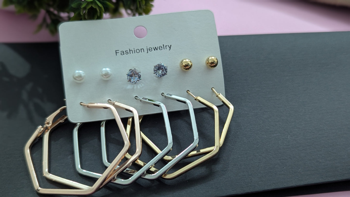 Set Of 6 Geometric Studs & Hoop Earrings